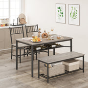 4-Piece Grey Dining Set for 4, Rectangular Table, 2 Chairs & Bench W/ Rack