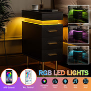 LED Bedside Table 3 Drawers Storage Cabinet Slim Nightstand w/Charging Station✅