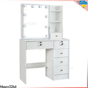 Dressing Table White Vanity Set Makeup Desk with Stool Mirror 6Drawer LED Lights