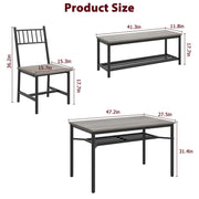 4-Piece Grey Dining Set for 4, Rectangular Table, 2 Chairs & Bench W/ Wine Rack