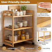 3-Tier Storage Rolling Cart Bamboo Utility Cart w/4 Universal Wheels