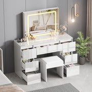 White Dressing Table High Gloss Vanity Makeup Desk 7 Drawers& Stool& LED Mirror
