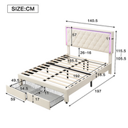 Double Bed Frame 4ft6 Beige 16-Colour LED Headboard 2 Drawers Iron 135x190cm