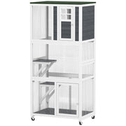PawHut Wooden Cat House with Asphalt Roof, Cat Cage for Multiple Cats White