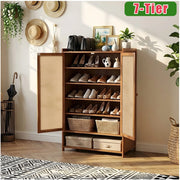 Shoe Rack Shoe Storage Cabinet Rattan Wood Stand Cupboard Unit Organiser 2 Doors