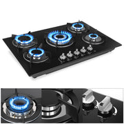 OYAJIA 77cm Black 5 Burner Gas On Glass Hob With Cast Iron Pan Stands