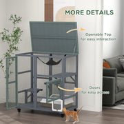 Cat Cage House Catio Indoor Enclosure on Wheels Fir Wood Grey 3 Levels