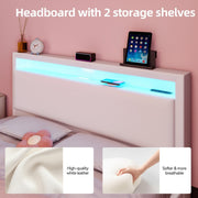 Floating Double Bed Frame w/ LED Lights & Upholstered Headboard,Charging Station