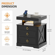 Bedside Table with Charging Station & Hidden Drawer, Nightstand with LED Lights