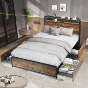 Double Size Bed Frame Metal Bed Platform LED Lights Headboard & 4 Storage Drawer