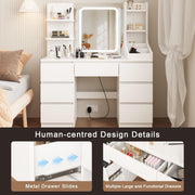 LED White Dressing Table Vanity Makeup Desk With 7 Drawer & Shelves & LED Mirror