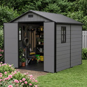 8x8FT Plastic Garden Shed Outdoor Tool Storage House with Floor & Lockable Doors