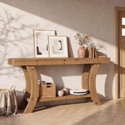 63-Inch Farmhouse Solid Wood Console Table with Lower Storage Shelf for Entryway