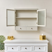 Pale Taupe Reeded Glass Wall Cabinet with Drawers shelves shelving storage