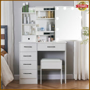 Dressing Table with Mirror, 10 LED Lights, Drawers, Stool Set Makeup Desk Vanity