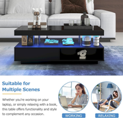 Coffee Table LED Black High Gloss 2 Drawers Glass Storage RGB Lights App Control