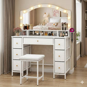 Dressing Table Makeup Desk LED Mirror Vanity Set 7 Drawers Organizer Stool White