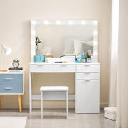 White Dressing Table with LED Lights Mirror Stool Drawers Vanity Makeup Desk Set