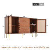 Large 150 cm Modern Rattan Sideboard 2 Door 3 Drawer Metal Legs for Living Room
