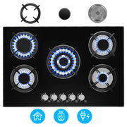 OYAJIA 77cm Black 5 Burner Gas On Glass Hob With Cast Iron Pan Stands