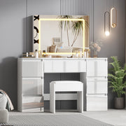 White Dressing Table High Gloss Vanity Makeup Desk 7 Drawers& Stool& LED Mirror