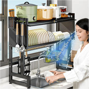 Space Saving Over The Sink Dish Drying Rack with Cover 2 Tier Dish Drainer Large