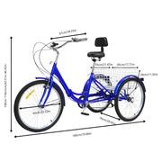 With Basket Blue UK 24 Inch Adult Trike Tricycle Foldable 3 Wheel Bike 7-Speed