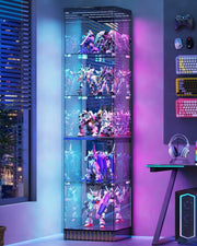Corner Glass Display Cabinet with RGB Lights & Doors for Collectibles/ Figures