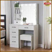 Dressing Table with Mirror, 10 LED Lights, Drawers, Stool Set Makeup Desk Vanity