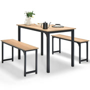 3 PCS Natural Table Set Dining Table & 2 Benches Kitchen Space-Saving Furniture