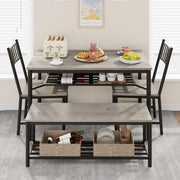 4-Piece Grey Dining Set for 4, Rectangular Table, 2 Chairs & Bench W/ Wine Rack