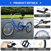 24 Inch Adult Trike Tricycle Foldable 3 Wheel Bike 7-Speed With Basket Blue UK