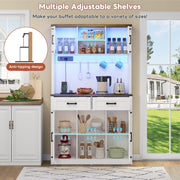 White Tall Kitchen Pantry Cabinet Highboard LED Lights Barn Doors 2 Drawers