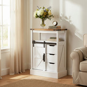 White Sideboard Storage Cabinet 3 Drawers 1 Sliding Barn Door Kitchen Cupboard