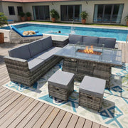8-Seater Rattan Furniture Set with Fire Pit Table and Side Table & Stool Grey