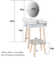 Dressing Table Vanity Set Make up Desk Oval LED Light Mirror with Stool Wood