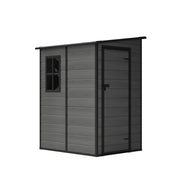 5x4ft Plastic Garden Shed w/ Floor, Window, Lockable Doors, Dark Grey Wood Grain