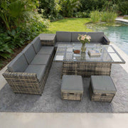 8-Seater Rattan Furniture Set with Fire Pit Table and Side Table & Stool Grey