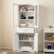 160cm Freestanding Linen Tall Bathroom Storage Cabinet 2 Glass Doors