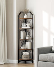 Corner Shelf 5 Tier Industrial Bookshelf & Display Storage Stand Rustic Brown
