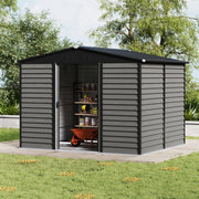 8 x10ft Garden Storage Shed with Double Sliding Door Grey Wood Effect, FREE BASE