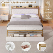 BTM Double Bed Frame !SALE! 4ft6 Storage Drawers RGB LED USB-C Beige Velvet