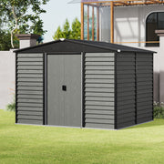 8 x10ft Garden Storage Shed with Double Sliding Door Grey Wood Effect, FREE BASE