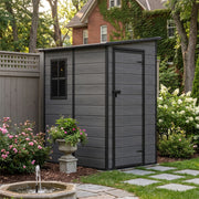 5x4ft Plastic Garden Shed w/ Floor, Window, Lockable Doors, Dark Grey Wood Grain
