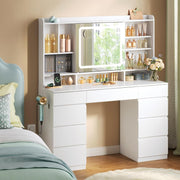 White Dressing Table with LED Lights Sliding Mirror 9 Drawers Vanity Makeup Desk