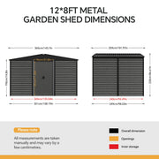 12x8FT Galvanised Garden Storage Shed with Sliding Door & Foundation, Grey Grain