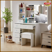 Dressing Table With Led Light, Drawers Vanity Makeup Sliding Mirror Desk Stool