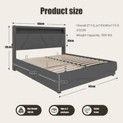 4FT6 Double Bed Frame !SALE! LED Hydraulic Storage USB Headboard Grey