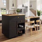 Extendable Kitchen Island Bar Table Wine Rack & Storage Drawers MDF - Black