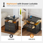 Bedside Table with Charging Station & Hidden Drawer, Nightstand with LED Lights
